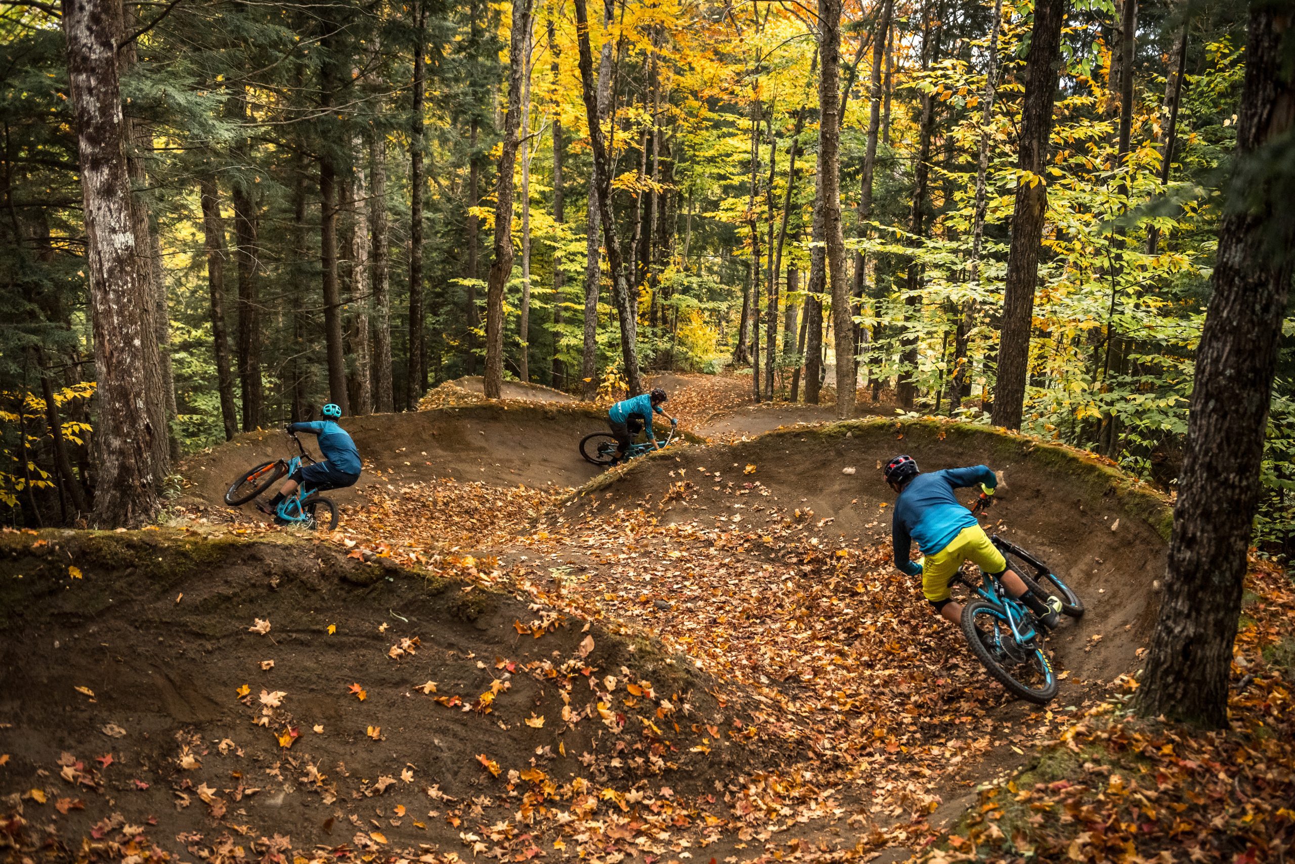 Three riders on flowing trail in Vermont