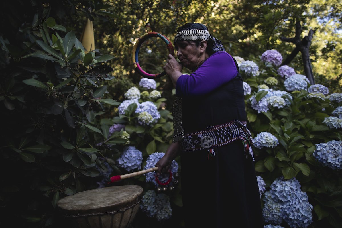 Mapuche lady in traditional costume, mountain bike travel guide Chile